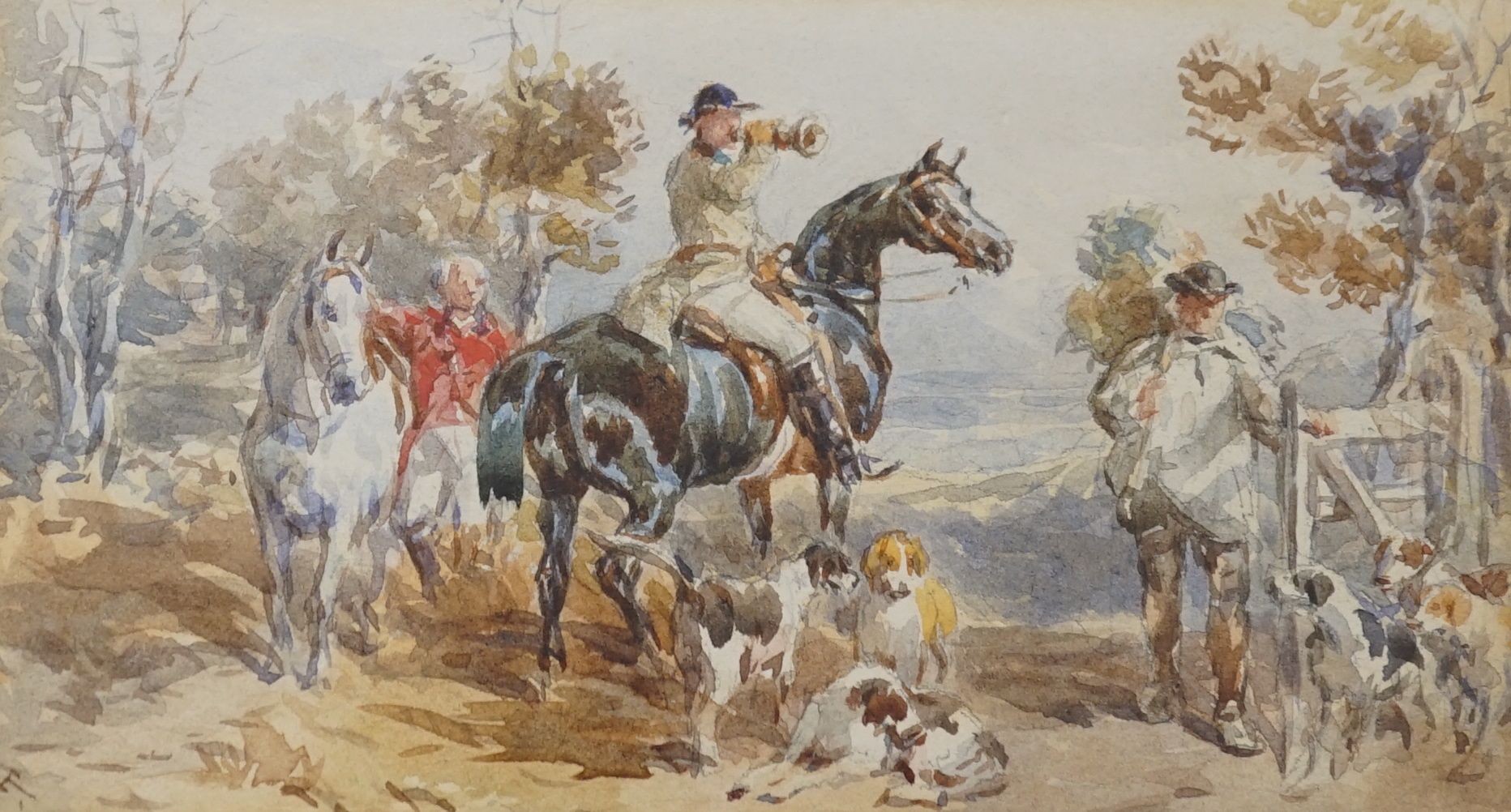 John Frederick Taylor (1802-1889), watercolour, Huntsman and hounds, signed initials, 9 x 15cm
